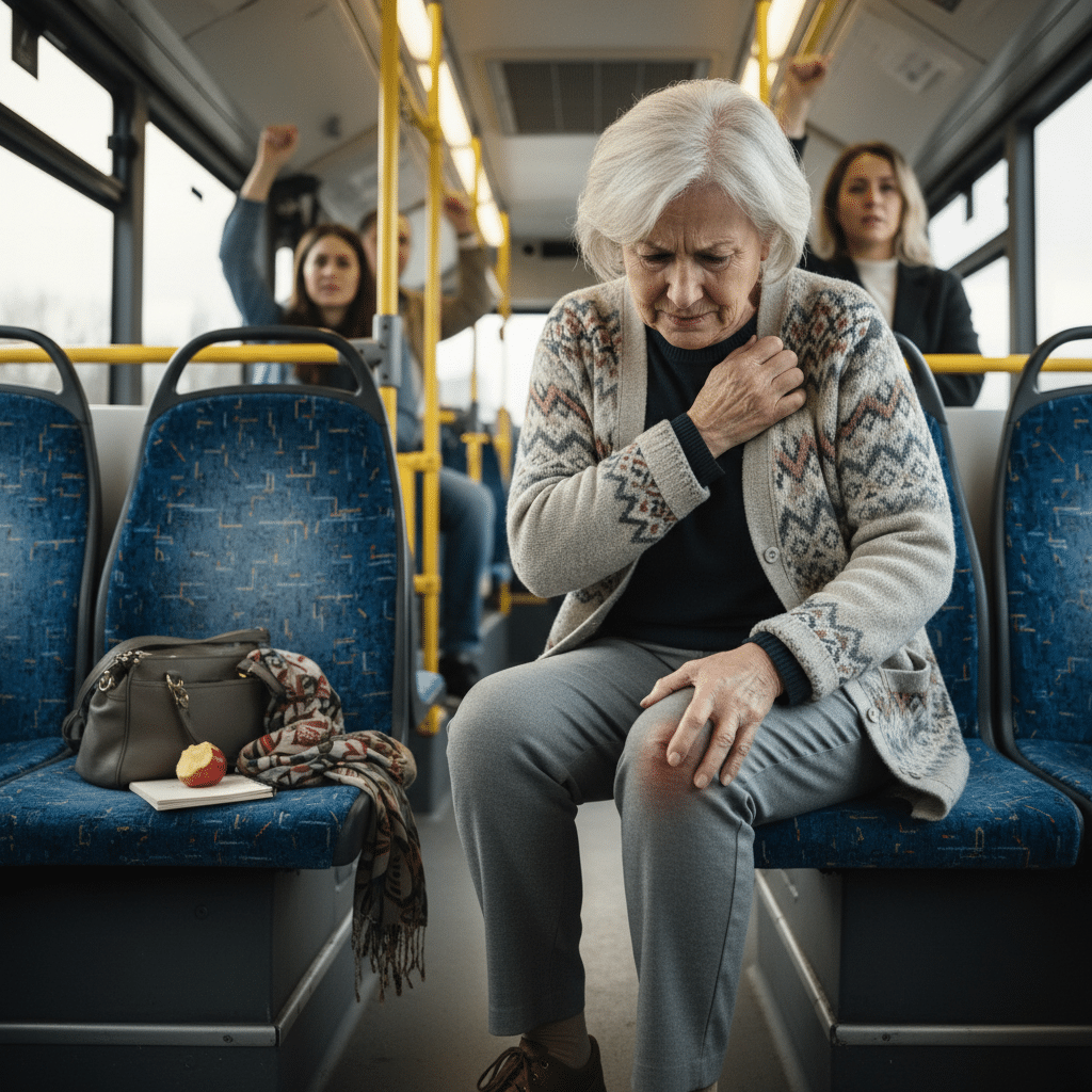 אישה בת 67 נפגעה קשה בכתף, בברך ובחזה בעת נסיעה באוטובוס כשנהג האוטובוס בלם בפתאומיות ופוצתה.