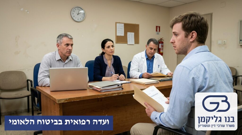 צעיר עם תיק רפואי יושב מול שלושה חברי ועדה רפואית של הביטוח הלאומי בדיון על קביעת אחוזי נכות מעבודה