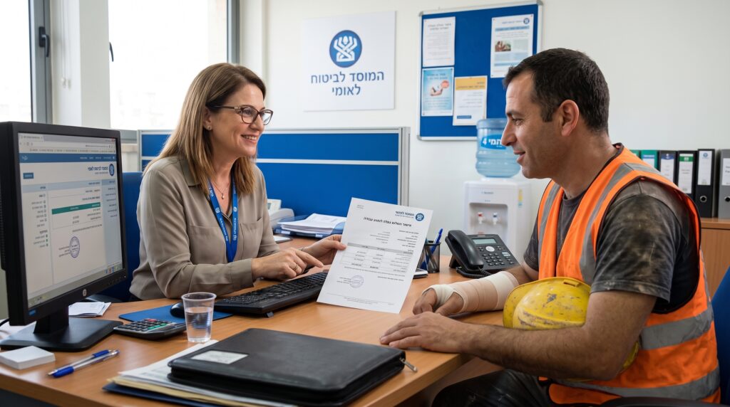 פקידה בביטוח הלאומי מציגה לפועל פצוע עם חבישה ביד מסמך אישור תשלום גמלה לנפגע עבודה